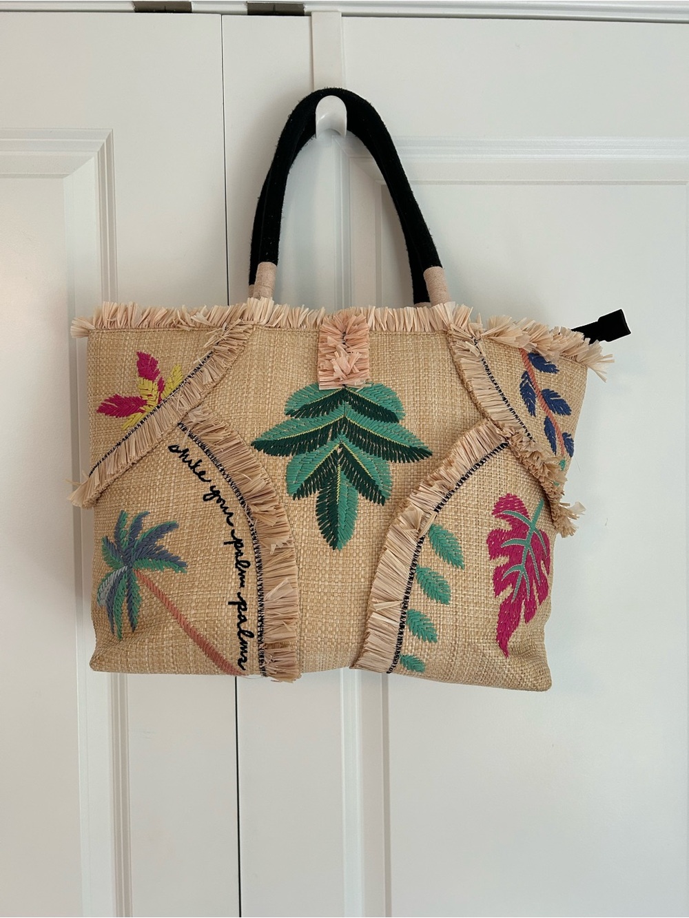 Stella & Dot Antibes Straw Tote Bag playful embroidered tropical beach vacation